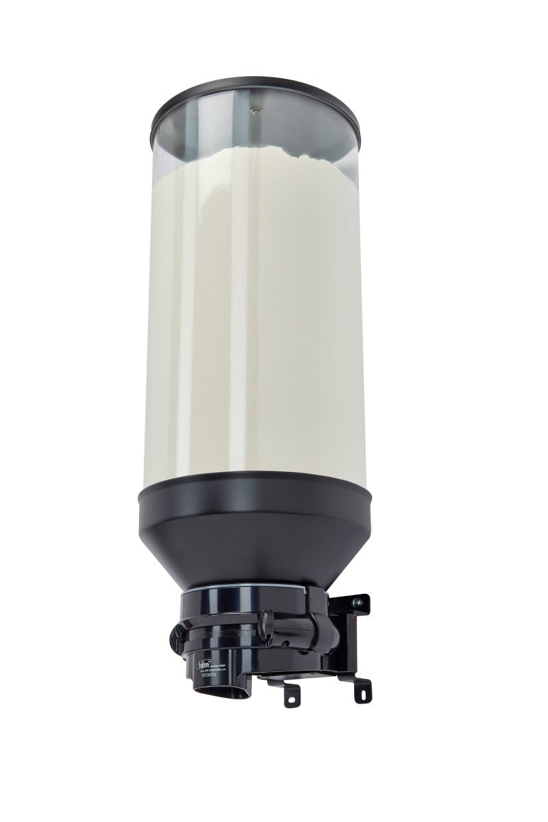 IDM Powder Dispenser HLP1-13.5L, Single, wall-mounted, powder dispenser.  13.5-liter capacity each, metal black brackets, Portion controlled, Pro-Portion mechanism